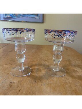 Aaron Sanchez Margarita Glass 10oz. Set Of 2 Red And Blue Confetti Blown Glass
